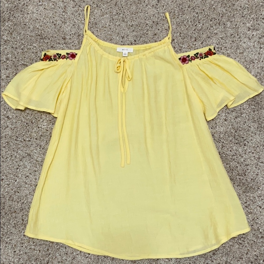 Yellow off shoulder top with embroidery sleeves
